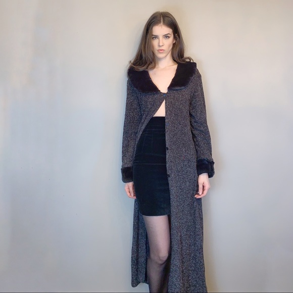 Vintage Sweaters - Y2K 2000s long duster cardigan with faux fur